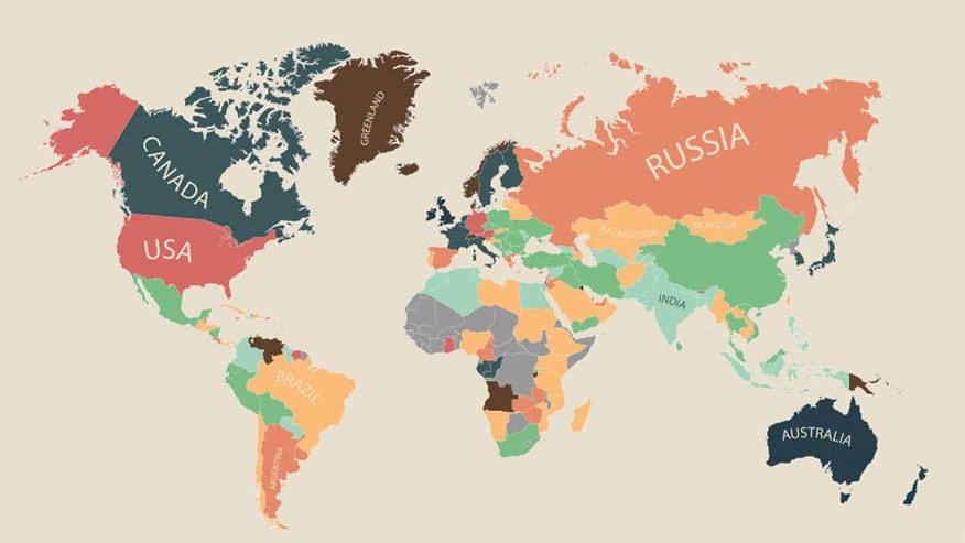 Die Weltkarte der Verbraucherpreise: Türkis und Grün stehen für vergleichsweise niedrige Kosten, Hellorange, Orange und Rot für mittlere Werte. Die dunklen Farben bedeuten relativ hohe Kosten. Braun markiert die Gebiete, die am teuersten sind