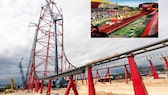 So sieht es derzeit auf der Baustelle des „Ferrari Land“ aus – das Grundgerüst des Accelerator Coaster steht schon mal