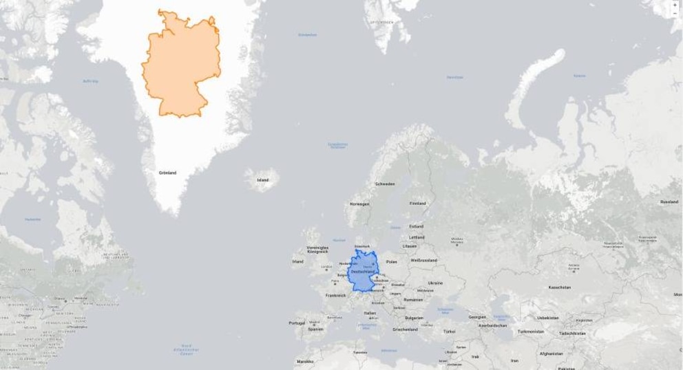 Deutschland passt von der Fläche her ungefähr sechs Mal in Grönland. Auf unserer gängigen Karte wirkt Deutschland aber winzig klein – und Grönland riesig. Zieht man unser Land Richtung Norden, verändert sich das Größenverhältnis deutlich.