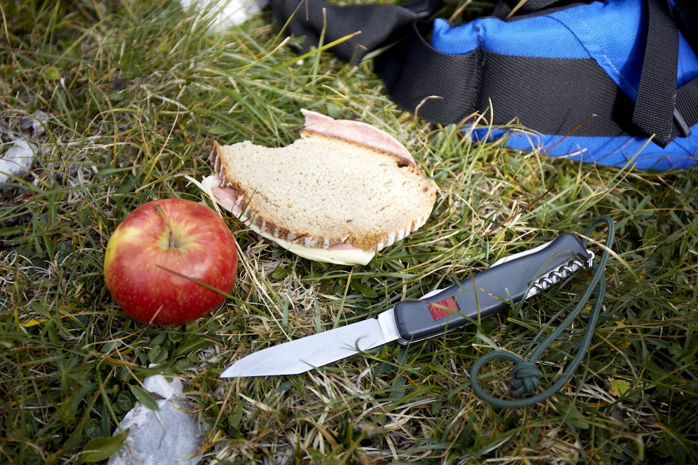 Brotzeit, Butterbrot, Apfel, Taschenmesser