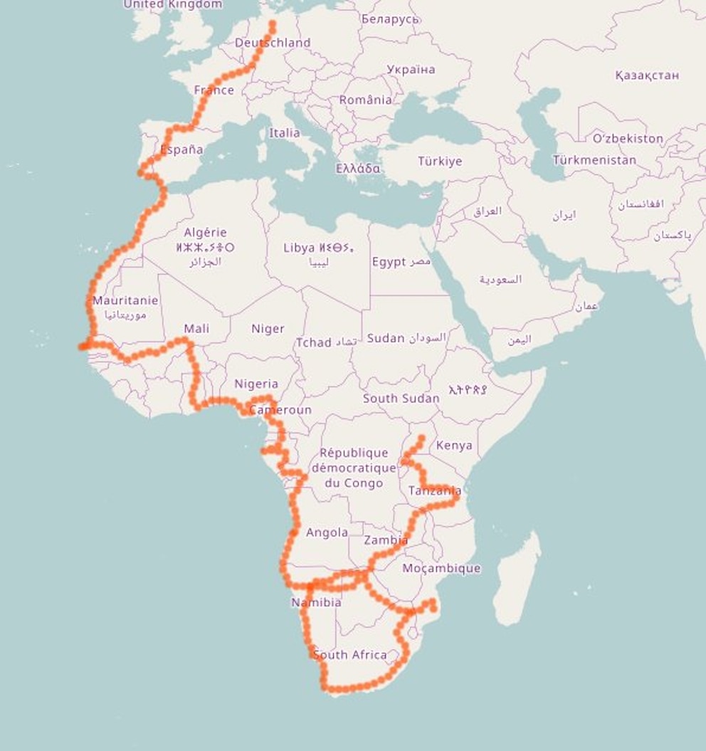  Die Route führte hauptsächlich an der afrikanischen Westküste entlang und dann noch mal ins Innere des Kontinents