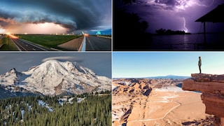 „Tornado Alley” östlich der Rocky Mountains, der Maracaíbo-See in Venezuela, Mount Rainier im US-Bundesstaat Washington und die Atacama-Wüste in Südamerika