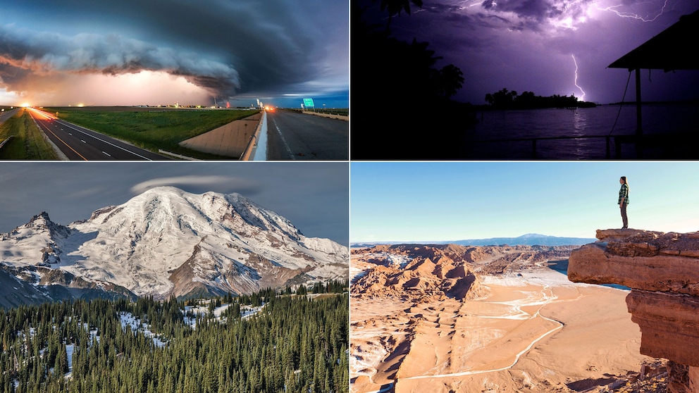 „Tornado Alley” östlich der Rocky Mountains, der Maracaíbo-See in Venezuela, Mount Rainier im US-Bundesstaat Washington und die Atacama-Wüste in Südamerika