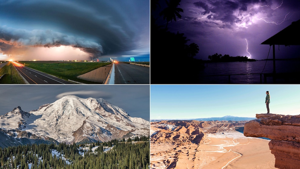 „Tornado Alley” östlich der Rocky Mountains, der Maracaíbo-See in Venezuela, Mount Rainier im US-Bundesstaat Washington und die Atacama-Wüste in Südamerika