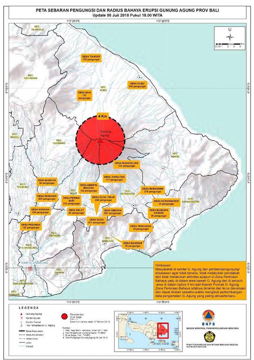 Eine Gefahrenkarte von Bali und dem Vulkan Agung