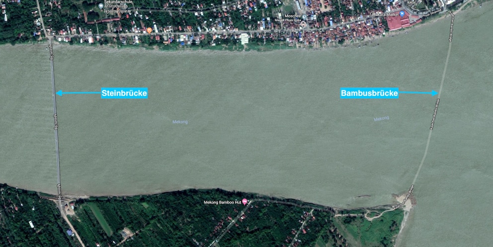 Steinbrücke und Bambusbrücke in Kampong Cham in Kambodscha