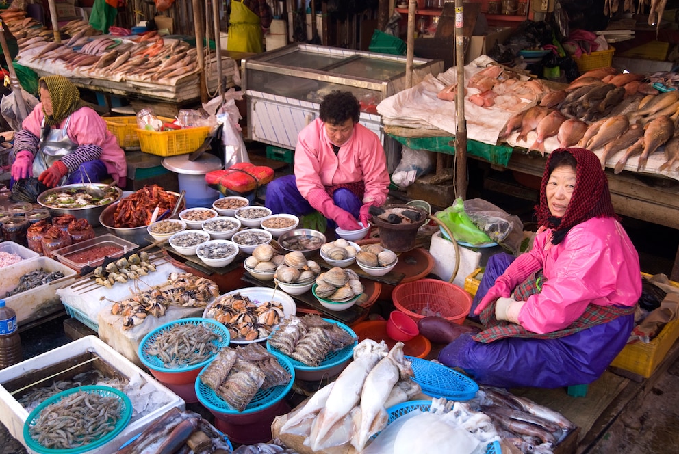 Meeresfrüchte in großen Mengen: Der Jagalchi Market in Busan gilt als zweitgrößter Fischmarkt Asiens