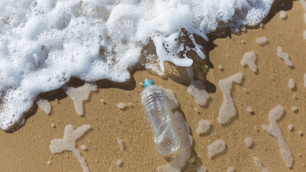 Plastikflasche wird von den Wellen angespült