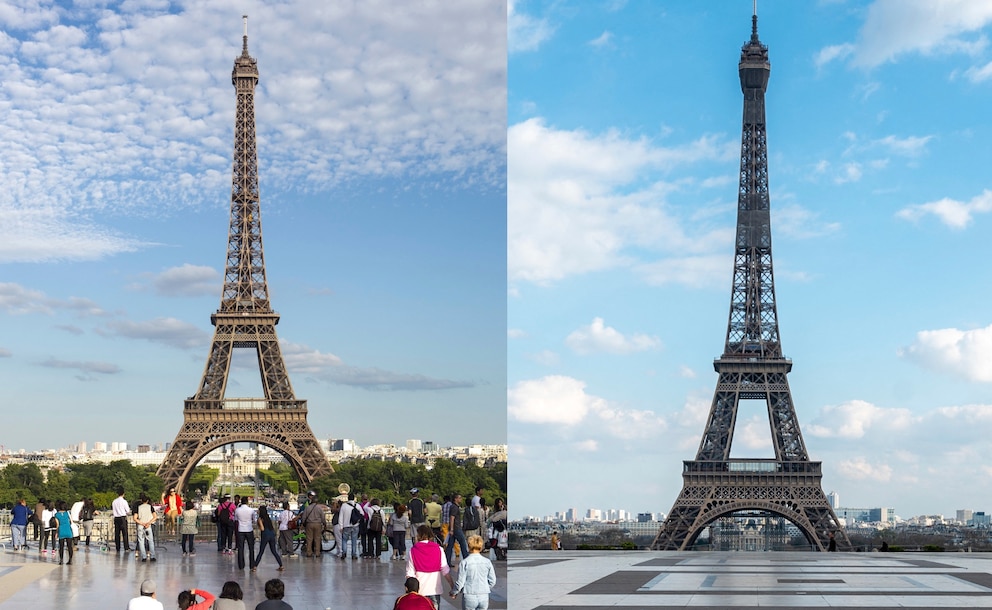 Der Eiffelturm in Paris, vor und nach Corona