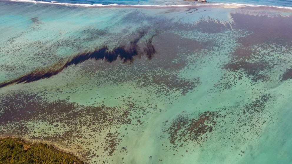 Der Frachter Wakashio, der bereits am 25. Juli auf Grund lief, liegt vor der Ostküste von Mauritius im Indischen Ozean