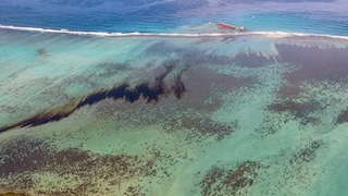 Der Frachter Wakashio, der bereits am 25. Juli auf Grund lief, liegt vor der Ostküste von Mauritius im Indischen Ozean