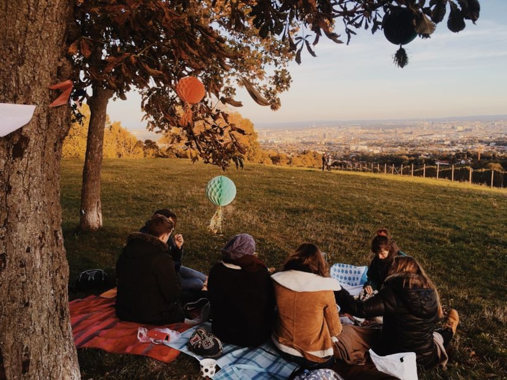 Eine Freundesgruppe sitzt im Gras und sieht sich den Ausblick an