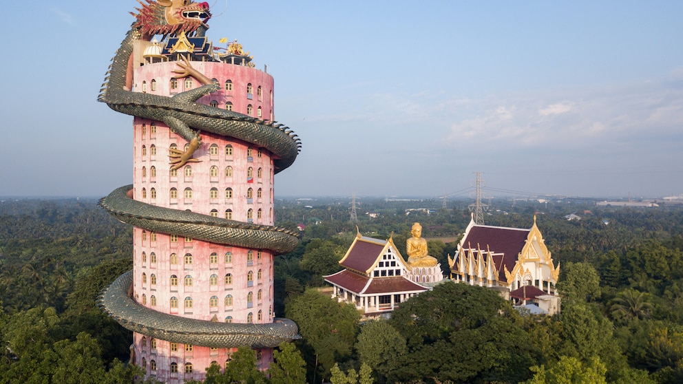Bis in 80 Meter Höhe windet sich der riesige Drachen um den Tempel Wat Samphran in Thailand