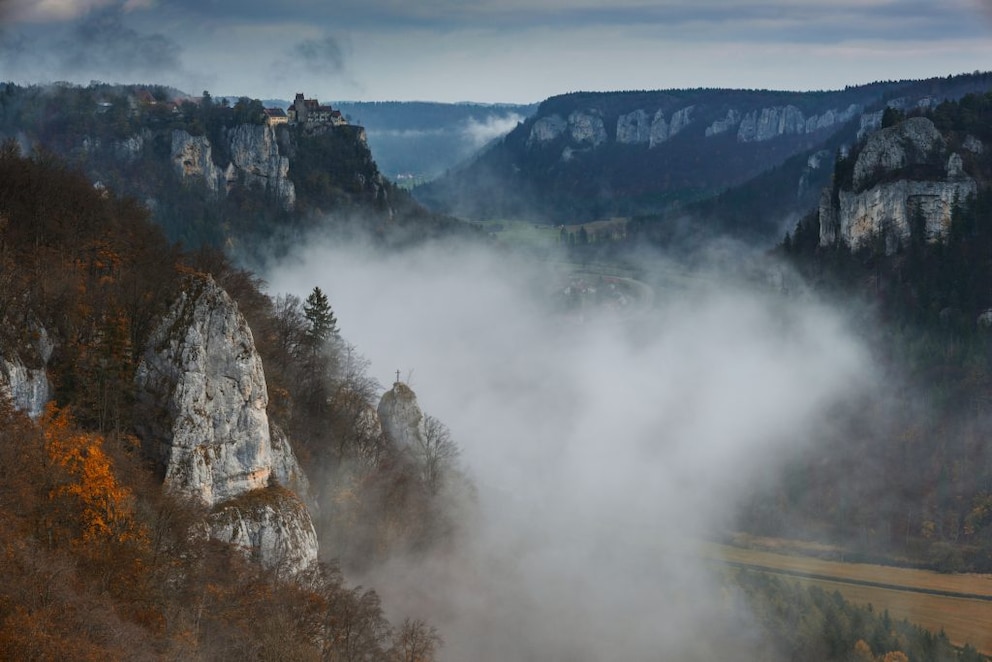 The Danube makes its way through towering limestone cliffs in its upper course in Baden-Württemberg