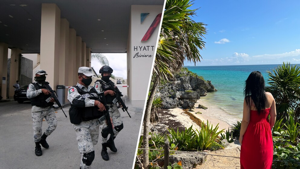 Das Foto links zeigt bewaffnete Polizisten vor dem Luxushotel in Cancún, wo zwei Drogendealer durch Schüsse starben. Das Bild rechts zeigt Rebecca M. im Urlaub in Tulum. Sie war genau dort etwas trinken, wo kurz zuvor Ende Oktober zwei Touristinnen im Kugelhagel von rivalisierenden Drogendealern gestorben waren.