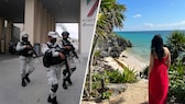 Das Foto links zeigt bewaffnete Polizisten vor dem Luxushotel in Cancún, wo zwei Drogendealer durch Schüsse starben. Das Bild rechts zeigt Rebecca M. im Urlaub in Tulum. Sie war genau dort etwas trinken, wo kurz zuvor Ende Oktober zwei Touristinnen im Kugelhagel von rivalisierenden Drogendealern gestorben waren.