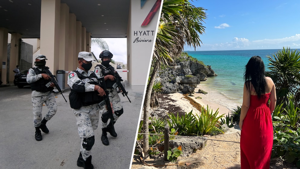 Das Foto links zeigt bewaffnete Polizisten vor dem Luxushotel in Cancún, wo zwei Drogendealer durch Schüsse starben. Das Bild rechts zeigt Rebecca M. im Urlaub in Tulum. Sie war genau dort etwas trinken, wo kurz zuvor Ende Oktober zwei Touristinnen im Kugelhagel von rivalisierenden Drogendealern gestorben waren.