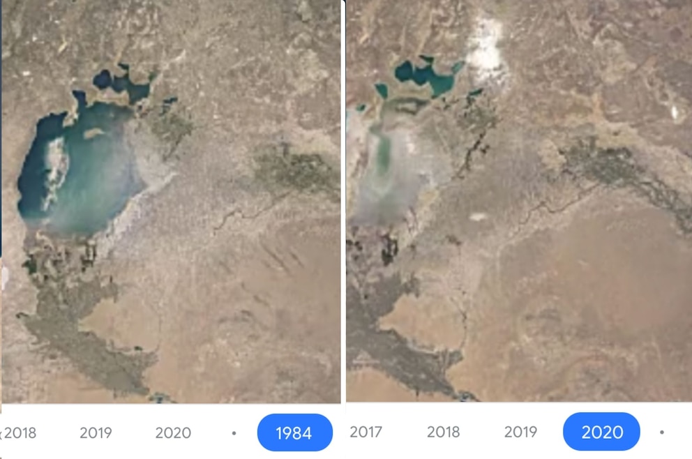 Auch am Aralsee zeigen die Aufnahmen der Google Earth Engine eine krasse Veränderung