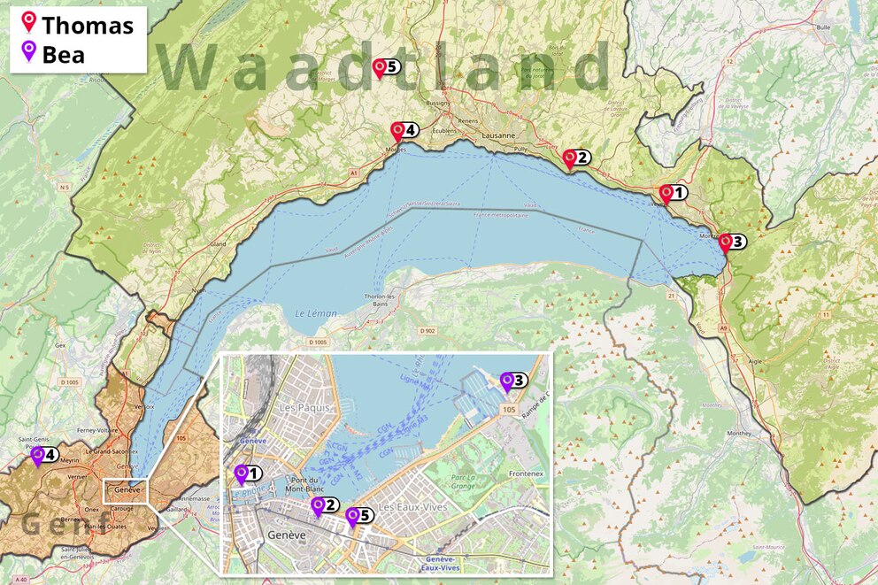 Viel zu erleben: Die nummerierten Pins zeigen die Lieblings-Spots der Reise-Experten am Genfersee