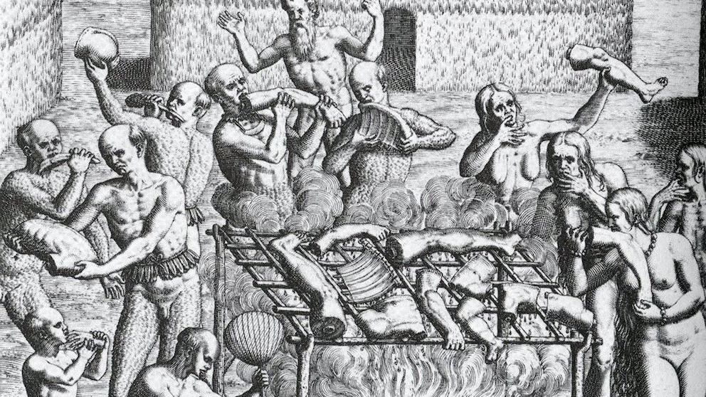 Diese Gravur von Theodor de Bry zeigt den Kannibalismus der Indigenen, wie er von Hans Staden beschrieben wird