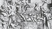 Diese Gravur von Theodor de Bry zeigt den Kannibalismus der Indigenen, wie er von Hans Staden beschrieben wird