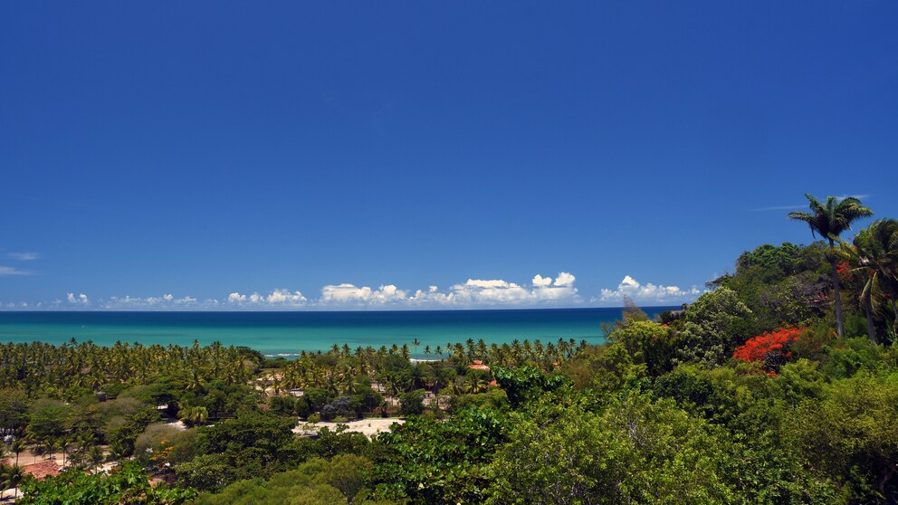 Der Blick von der Kirche Nossa Senhora da Ajuda aus auf den Strand