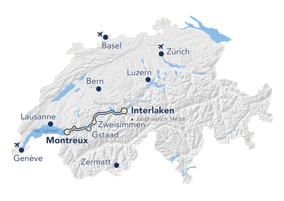 Die Zugstrecke zwischen Interlaken und Montreaux ist mit den neuen Zügen des GoldenPass Express' umstiegsfrei verbunden