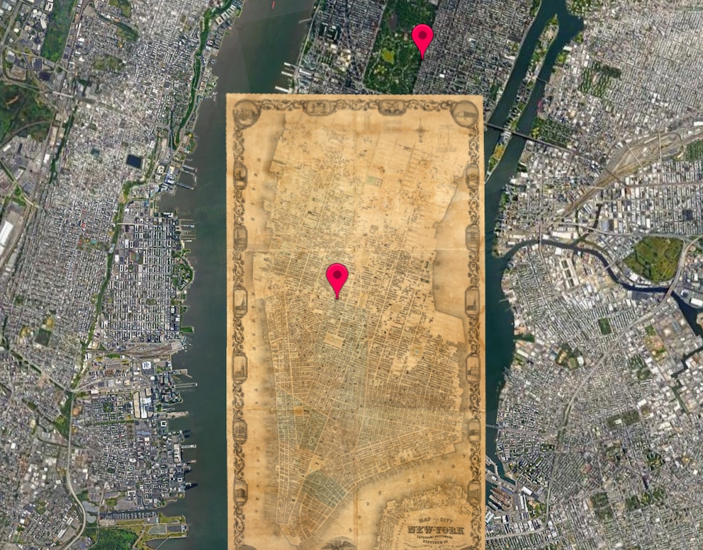 Im Hintergrund sichtbar: New York City heute. Auf der Karte mittig ist die Bebauung etwa um 1850 zu sehen.