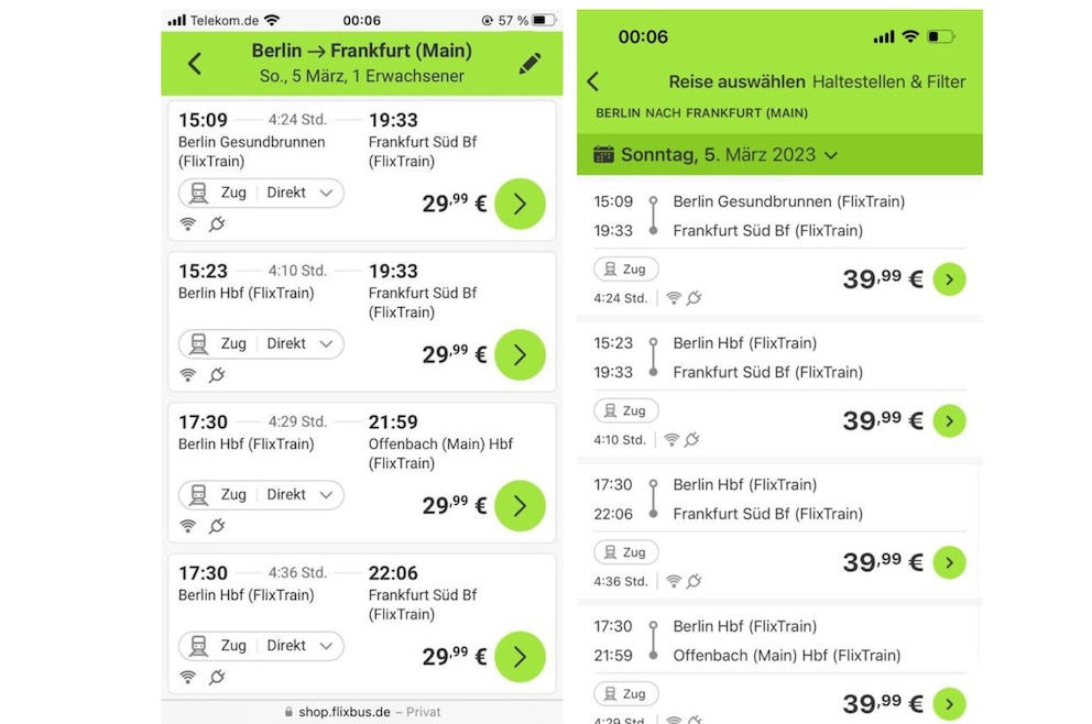 Gleiche Uhrzeit, gleiche Strecke – links der Preis, der unserer Autorin angezeigt wurde, und recht ein um rund 10 Euro günstigerer Preis