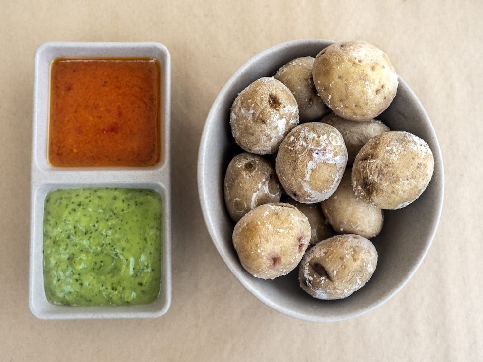 The salted potatoes are best enjoyed with red Mojo sauce in the Canary Islands