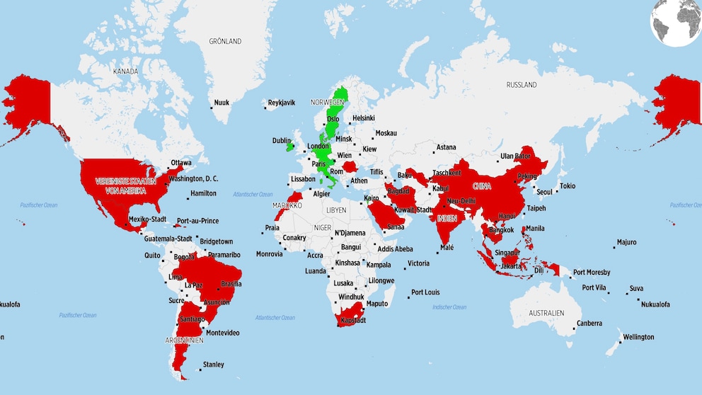 Auf dieser Karte sind auf Basis des Rankings die 20 Urlaubsländer mit der höchsten sowie die 10 mit der niedrigsten Todesrate markiert
