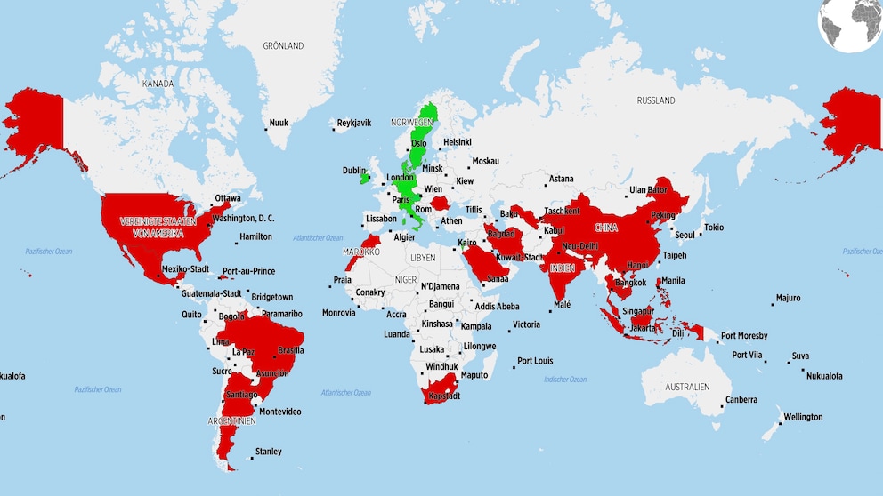 Auf dieser Karte sind auf Basis des Rankings die 20 Urlaubsländer mit der höchsten sowie die 10 mit der niedrigsten Todesrate markiert