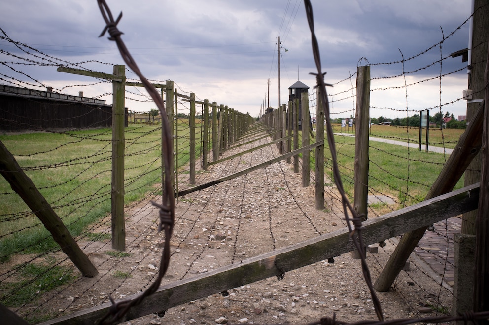 Ein Stacheldrahtzaun umgibt das Majdanek Konzentrationslager in Polen 