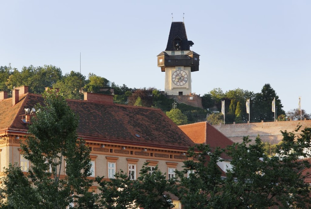 View of the clock tower in the city of Graz
