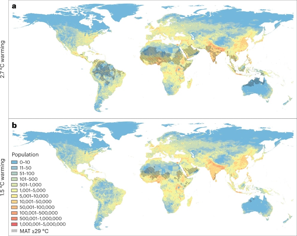 Diese Karte zeigt, welche Orte bei einem Temperaturanstieg von 2,7 und 1,5 Grad Celsius unbewohnbar werden würden – die schwarz schraffierten Flächen sind die betroffenen Regionen