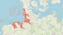 Die rot markierten Orte in Deutschland könnten, aufgrund des steigenden Meeresspiegels, im Jahr 2100 untergegangen sein