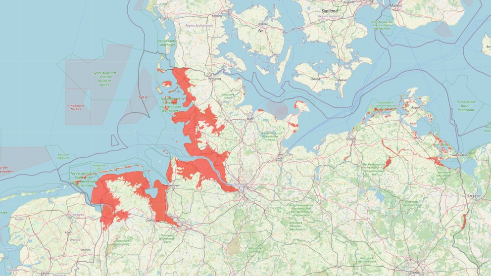 Die rot markierten Orte in Deutschland könnten, aufgrund des steigenden Meeresspiegels, im Jahr 2100 untergegangen sein