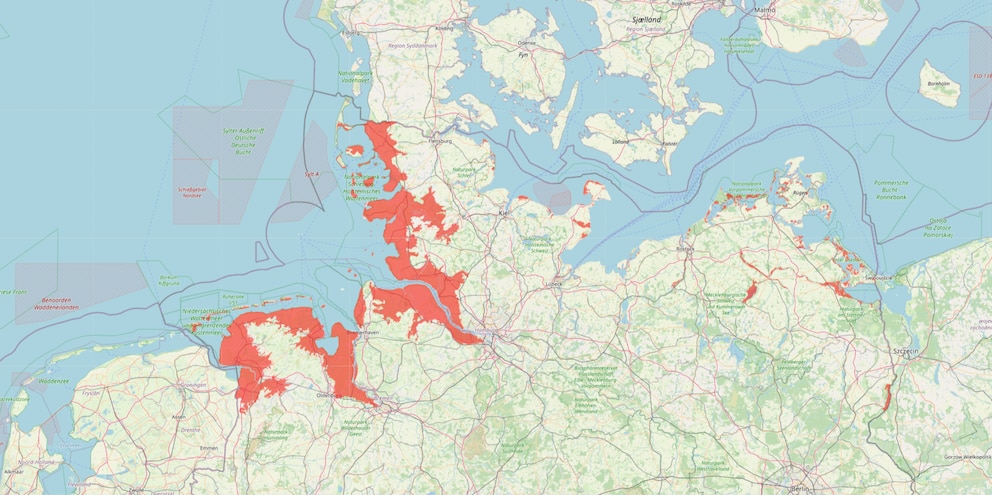 Die rot markierten Orte in Deutschland könnten, aufgrund des steigenden Meeresspiegels, im Jahr 2100 untergegangen sein