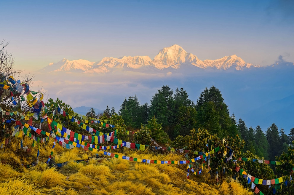 9. Ghorepani (auch: Ghode Pani) – das Dorf im Myagdi-Distrikt im nördlich-zentralen Nepal liegt auf etwa 2.874 Metern und in der Annapurna Conservation Area (im Bild: Poon Hill mit Blick auf das Annapurna-Gebirge) 