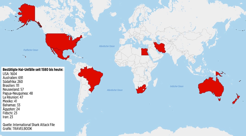 Die Karte zeigt die Länder mit den meisten dokumentierten Hai-Attacken auf Menschen, darunter sowohl tödliche als auch nicht tödliche Vorfälle