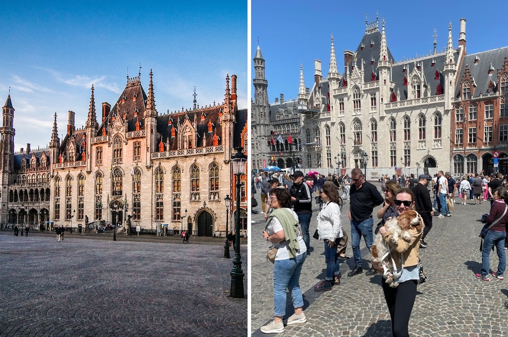 Der Grote Markt in Brügge ohne und mit Touristen