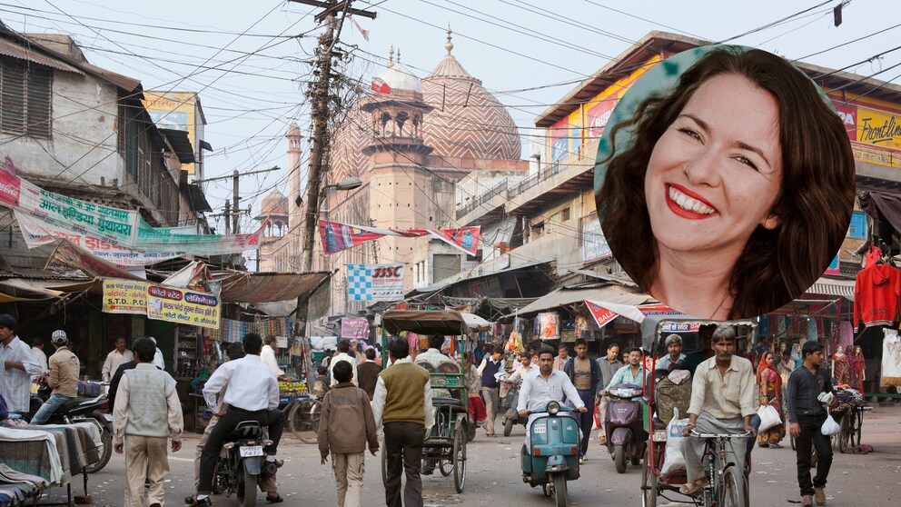 Als Frau alleine in Indien Reisen: Collage aus einem Blick auf den belebten Basar in Agra und unserer Autorin Anna Wengel