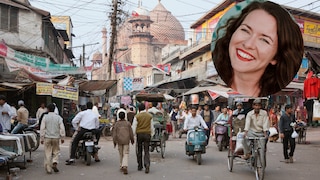 Als Frau alleine in Indien Reisen: Collage aus einem Blick auf den belebten Basar in Agra und unserer Autorin Anna Wengel