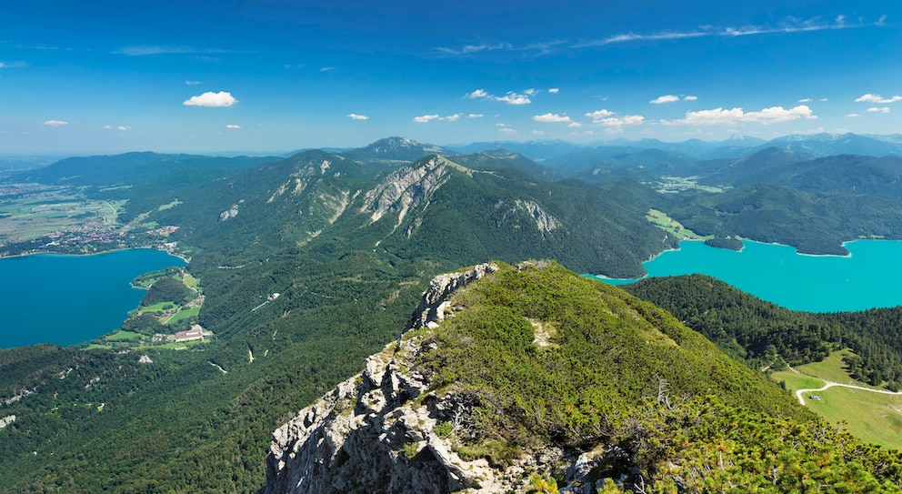 Blick vom Herzogstand zur Benediktinerwand und Jochberg, Kochelsee, Walchense