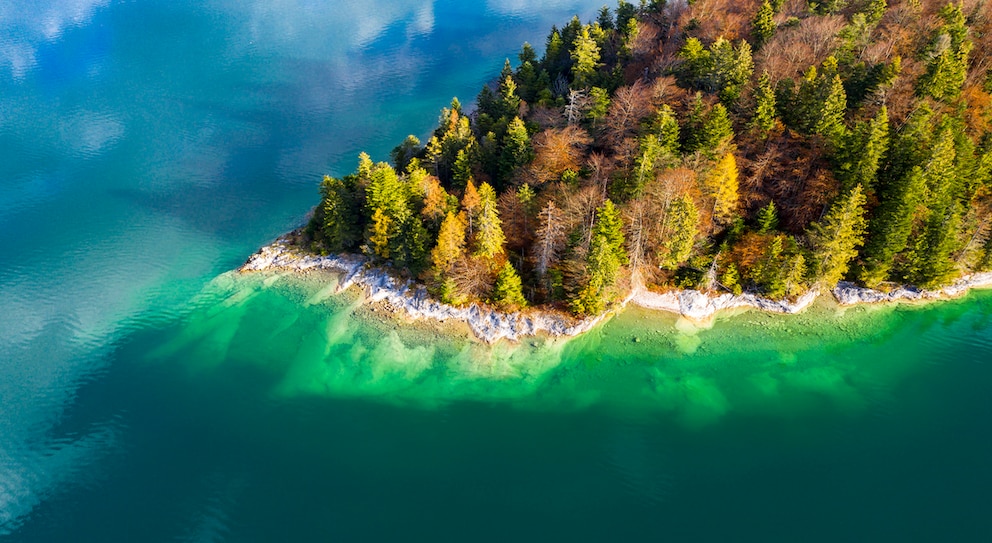 Die Insel Sassau im Walchensee in Bayern