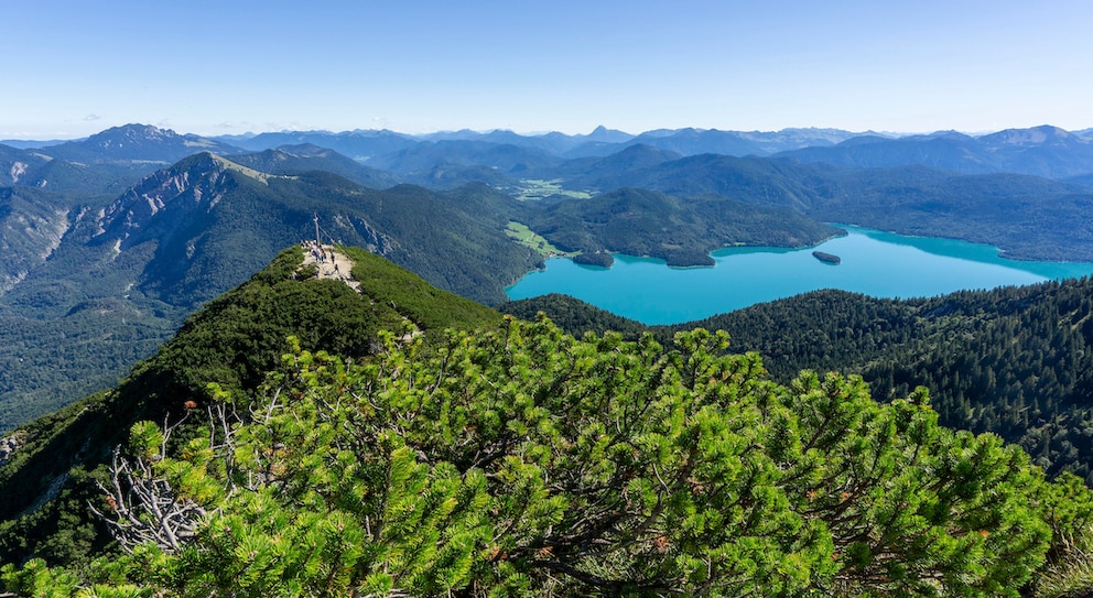 Der Ausblick vom Herzogstand legt die Sicht auf den Jochberg, die Benediktenwand, Jachenau und den Walchensee frei