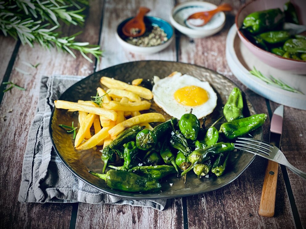 „Pimientos fritos con huevos y patatas“