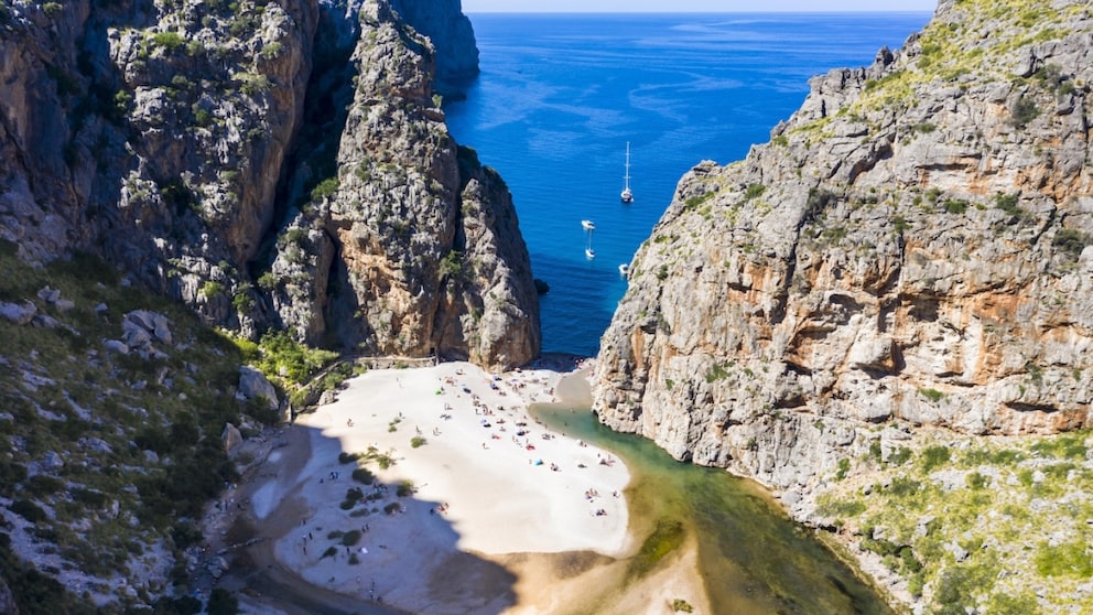 In the Cala de Sa Calobra, at the end of the Torrent de Pareis gorge, lies this unique beach