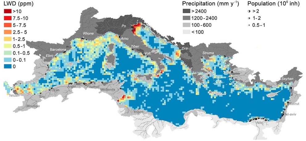 Die von den Forschern erstellte Karte dokumentiert die M&uuml;llschwaden im Mittelmeer
