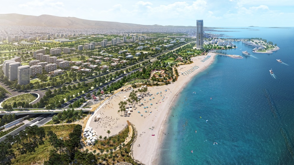 Strandpromenade mit futuristischen Häusern im künftigen Ellinikon